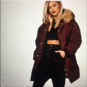 BooHoo longline fur puffer jacket burgundy size 6